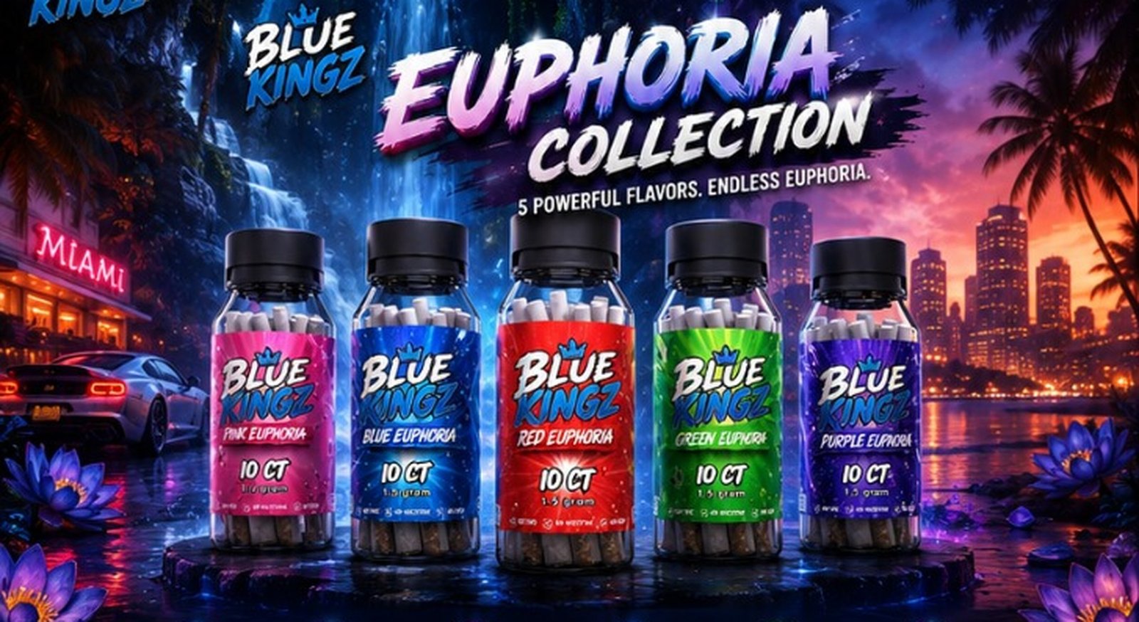 Blue Kingz Euphoria Collection — five bold flavors, endless euphoria. Pink, Blue, Red, Green and Purple Euphoria blue lotus prerolls.